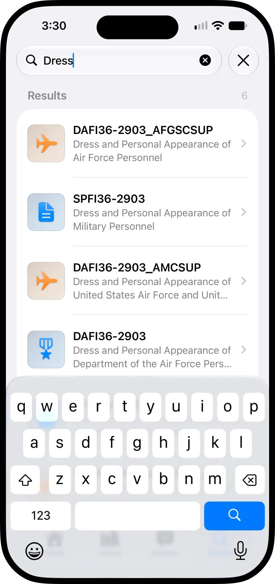 Searching the publication library for “Dress” in AFI Explorer