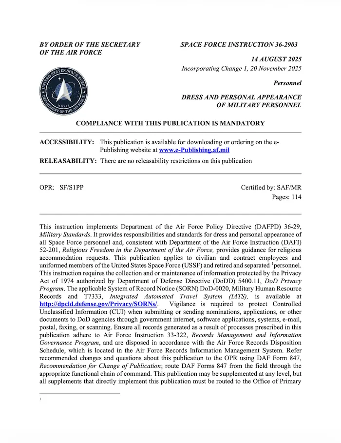 Cover of SPFI 36-2903, Dress and Personal Appearance of Military Personnel